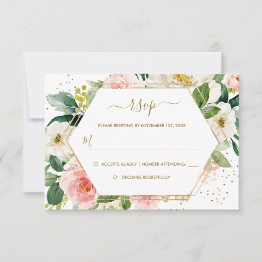 Blush Gold Floral Gold Wedding RSVP Karte (Vorderseite)