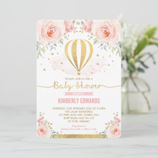Blush Gold Floral Hot Air Ballon Girl Baby Dusche Einladung (Stehend Vorderseite)