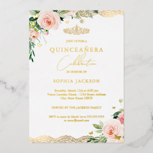 Blush Gold Floral Lace Quinceanera Folieneinladung