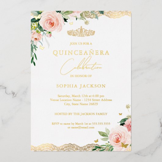 Blush Gold Floral Lace Quinceanera Folieneinladung (Vorderseite)