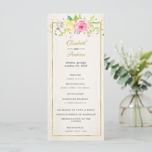 Blush Gold Floral Moderne Hochzeitsfeier Programm (Stehend Vorderseite)