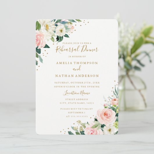 Blush Gold Floral Probe Abendessen Einladung (Stehend Vorderseite)