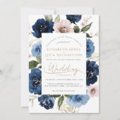 Blush Gold Florals Botanical Blue Wedding Einladung (Vorderseite)