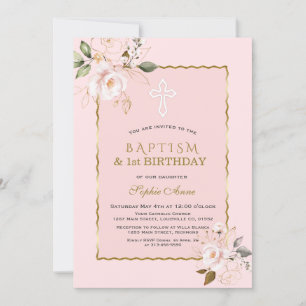 Blush Gold Flowers Girl 1st Birthday & Baptism Einladung