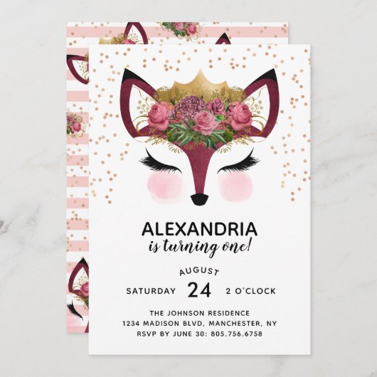 Blush & Gold Fox Princess Geburtstag Einladung (Vorne/Hinten)