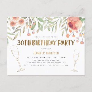 Blush & Gold Glitzer Champagne 30. Geburtstag Einladungspostkarte