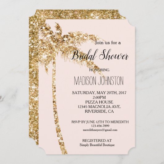 Blush Gold Glitzer Palm Tree Brautparty Einladung (Vorne/Hinten)