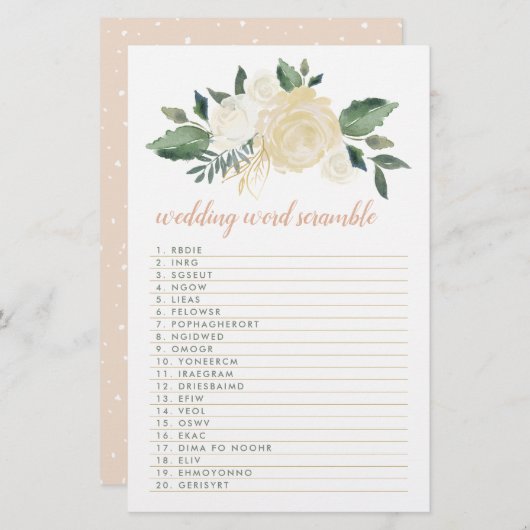 Blush Gold Green Floral Wedding Word Scramble Game (Vorne/Hinten)