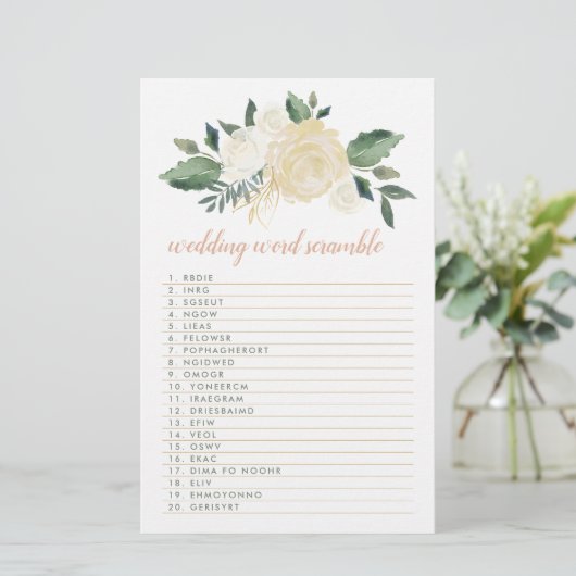 Blush Gold Green Floral Wedding Word Scramble Game Briefpapier (Stehend Vorderseite)