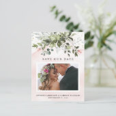 Blush Gold Greenery Dusty Blue Save the Date Foto Postkarte (Stehend Vorderseite)