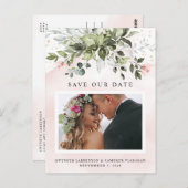 Blush Gold Greenery Dusty Blue Save the Date Foto Postkarte (Vorne/Hinten)