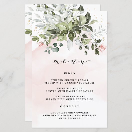Blush Gold Greenery Dusty Blue Wedding Menu Cards (Vorne/Hinten)