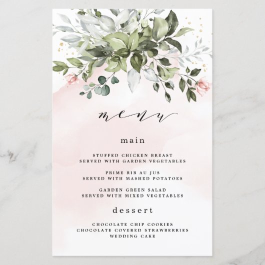 Blush Gold Greenery Dusty Blue Wedding Menu Cards (Vorderseite)