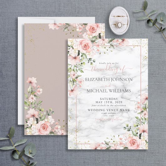 Blush Gold Greenery Dusty Pink Bloral Wedding Einladung