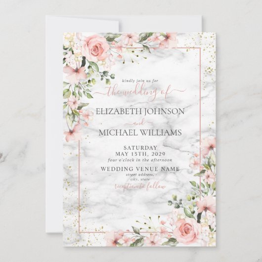 Blush Gold Greenery Dusty Pink Bloral Wedding Einladung (Vorderseite)