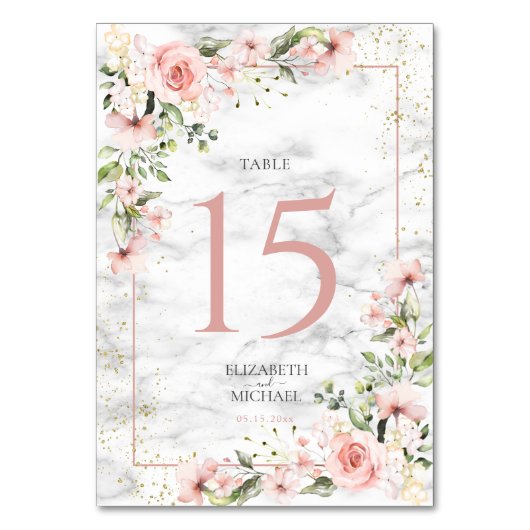Blush Gold Greenery Dusty Pink Bloral Wedding Tischnummer (Vorderseite)
