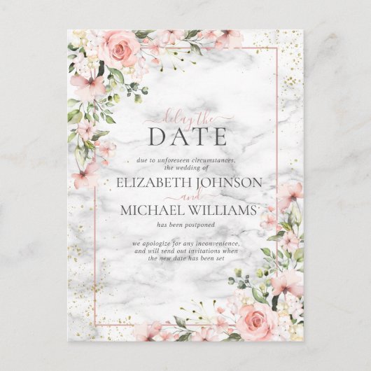 Blush Gold Greenery Dusty Pink Floral Delay Datum Postkarte (Vorderseite)