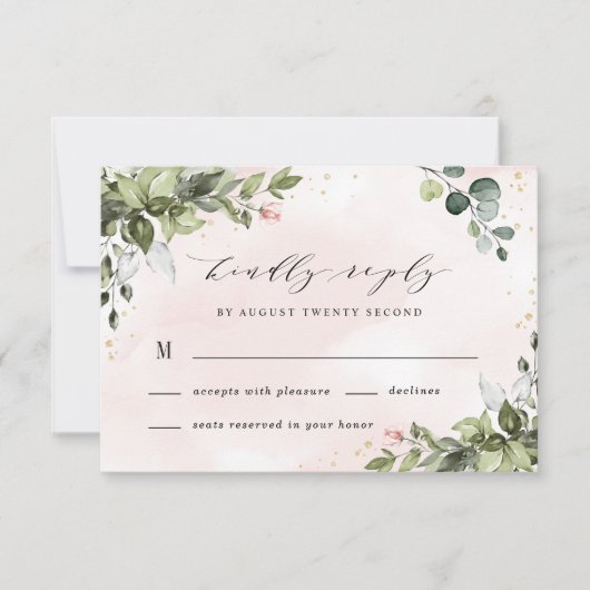 Blush Gold Greenery Succulent Dusty Blue Wedding RSVP Karte (Vorderseite)