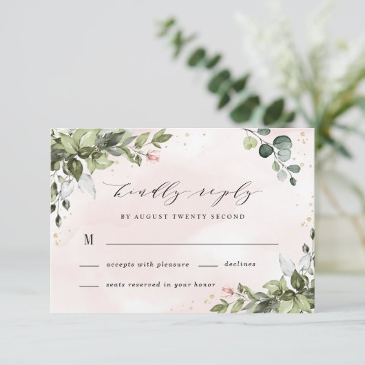 Blush Gold Greenery Succulent Dusty Blue Wedding RSVP Karte (Stehend Vorderseite)