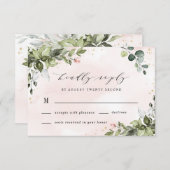 Blush Gold Greenery Succulent Dusty Blue Wedding RSVP Karte (Vorne/Hinten)