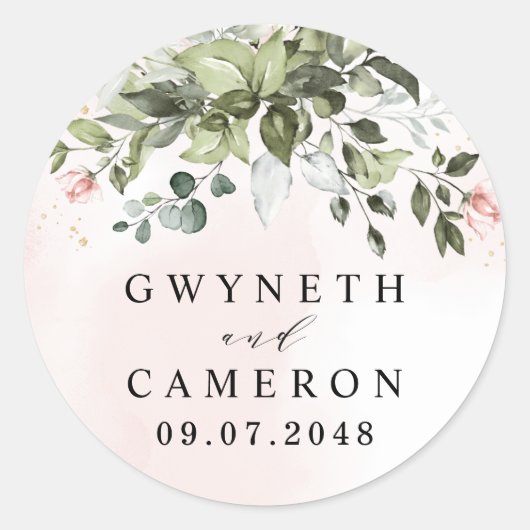 Blush Gold Greenery Succulent Dusty Blue Wedding Runder Aufkleber (Vorderseite)