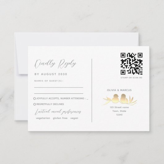 Blush Gold Lovebirds QR Code RSVP Karte (Vorderseite)
