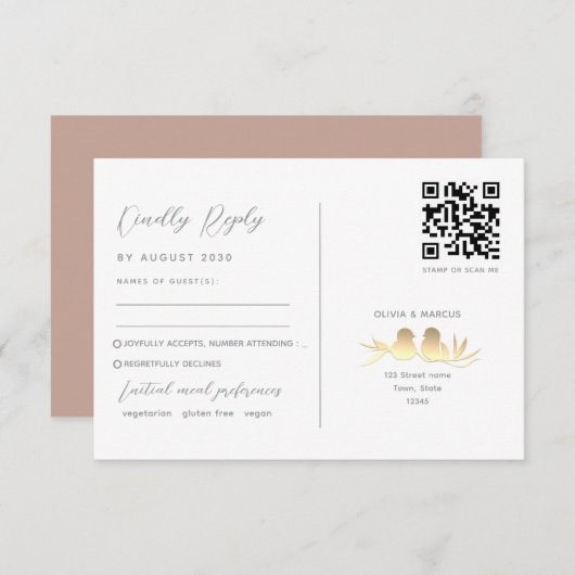 Blush Gold Lovebirds QR Code RSVP Karte (Vorne/Hinten)