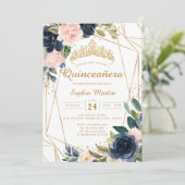 Blush Gold Navy Floral Geometric Quinceanera Einladung (Stehend Vorderseite)