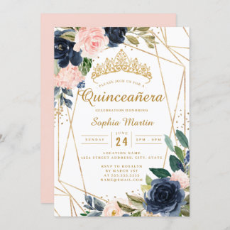 Blush Gold Navy Floral Geometric Quinceanera Einladung