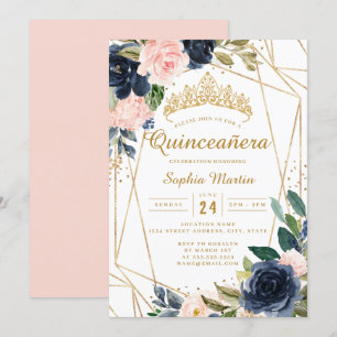 Blush Gold Navy Florales Geometrisches Quinceanera Einladung