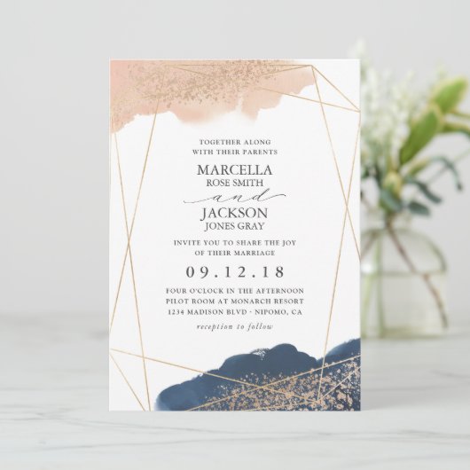 Blush, Gold & Navy Hochzeit Einladung (Stehend Vorderseite)