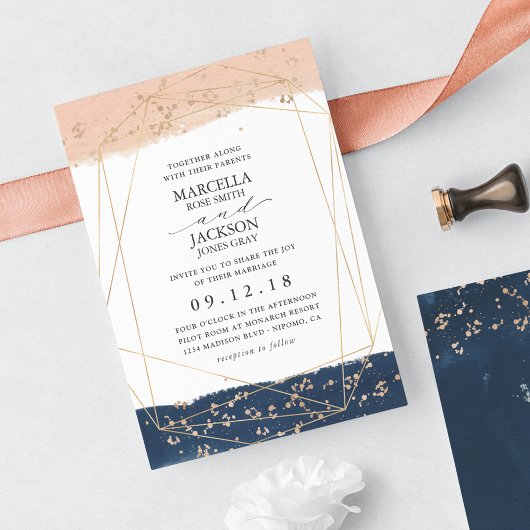 Blush, Gold & Navy Hochzeit Einladung