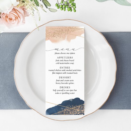 Blush, Gold & Navy Wedding Menu Menükarte