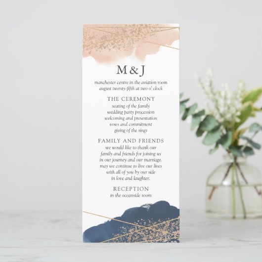 Blush, Gold & Navy Wedding Program Card Programm (Stehend Vorderseite)