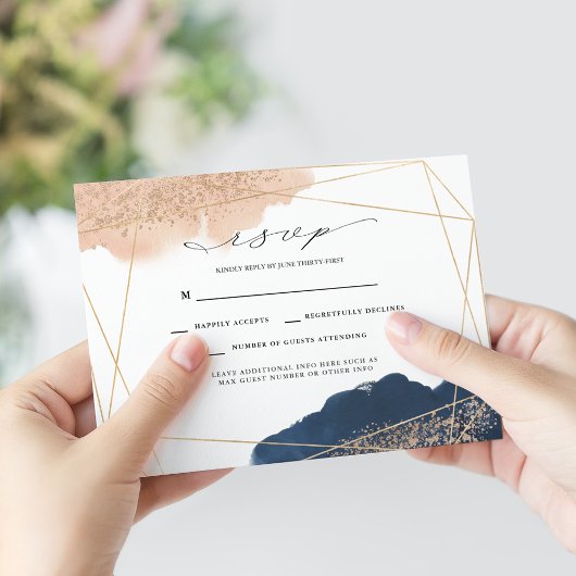 Blush, Gold & Navy Wedding RSVP Karte