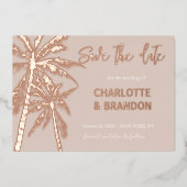 Blush Gold Palm Trees Beach Hochzeit Save the Date Folieneinladung (Vorderseite)