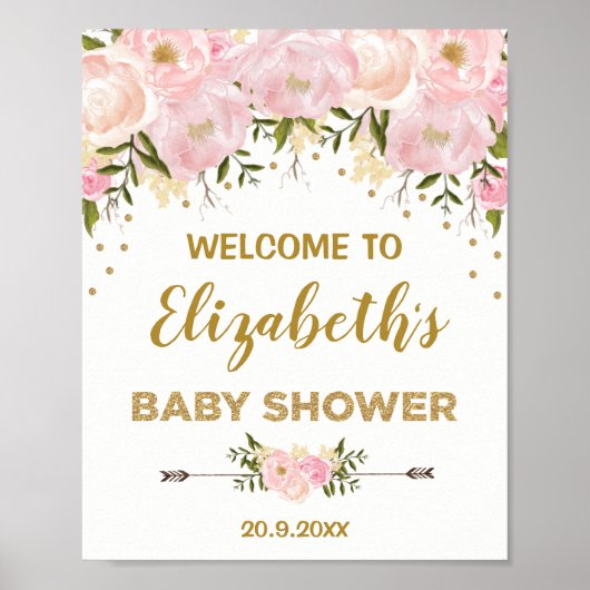 Blush Gold Peonies Chic Baby Dusche Willkommen Poster (Vorne)