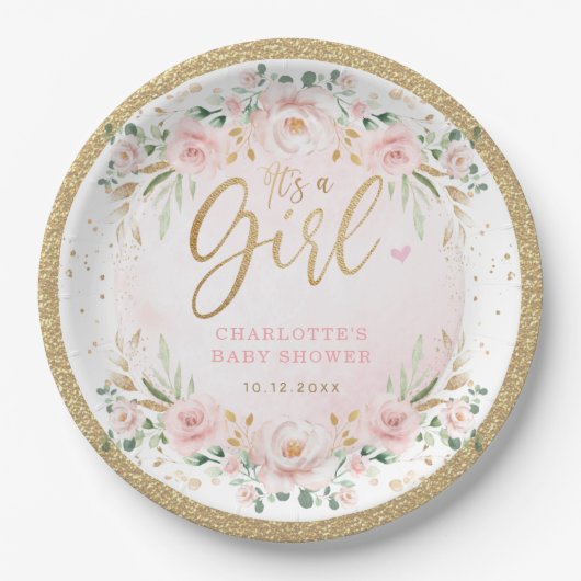 Blush Gold Pink Blues Floral Baby Girl Dusche Pappteller (Vorderseite)