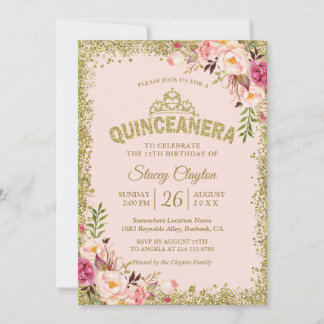 Blush Gold Pink Floral Quinceanera 15. Geburtstag Einladung