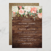 Blush Gold Rustic Wood Floral Wedding Einladung (Vorne/Hinten)