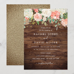 Blush Gold Rustic Wood Floral Wedding Einladung