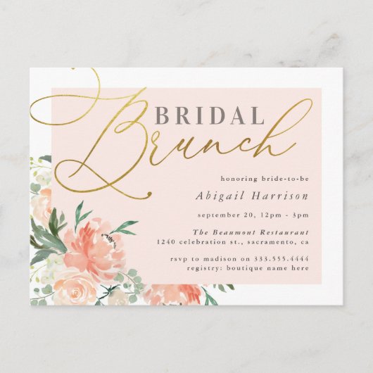 Blush & Gold Script Blumenbridal Brunch Einladungspostkarte (Vorderseite)