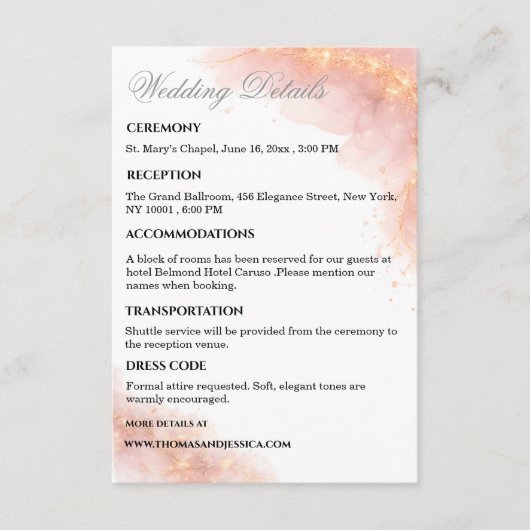 Blush Gold Sparkle Romantic Wedding Details Begleitkarte (Vorderseite)