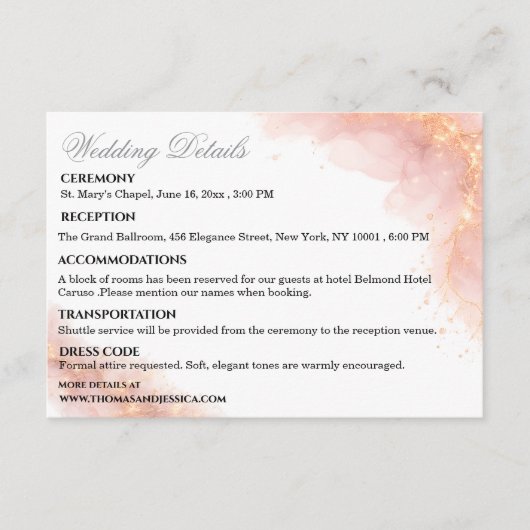 Blush Gold Sparkle Romantic Wedding Details Begleitkarte (Vorderseite)
