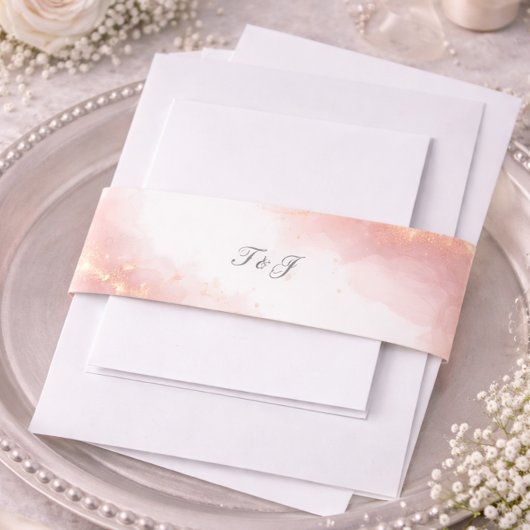 Blush Gold Sparkle Romantic Wedding Monogram Einladungsbanderole