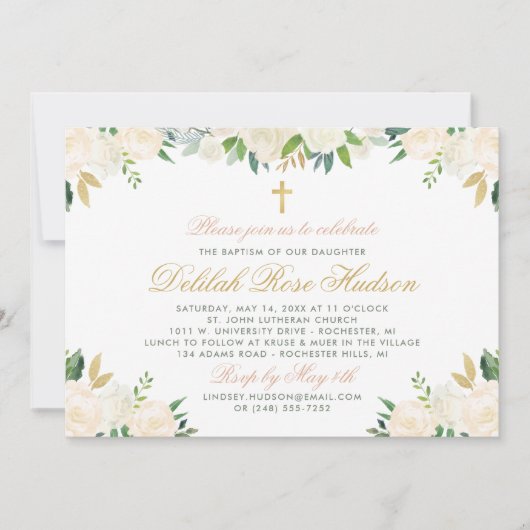 Blush Gold und Green Floral Baby Girl Taufe Einladung (Vorderseite)