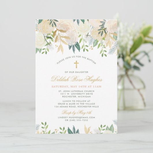 Blush Gold und Green Floral Baby Girl Taufe Einladung (Stehend Vorderseite)