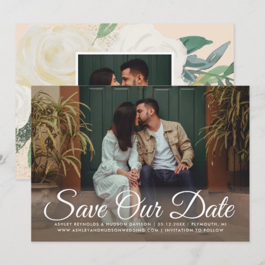 Blush Gold und Green Floral Wedding Foto Save The Date (Vorne/Hinten)