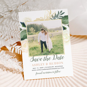 Blush Gold und Green Floral Wedding Foto Weiß Save The Date
