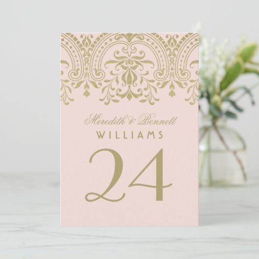Blush Gold Vintage Glamour Hochzeit Tischnummer (Stehend Vorderseite)